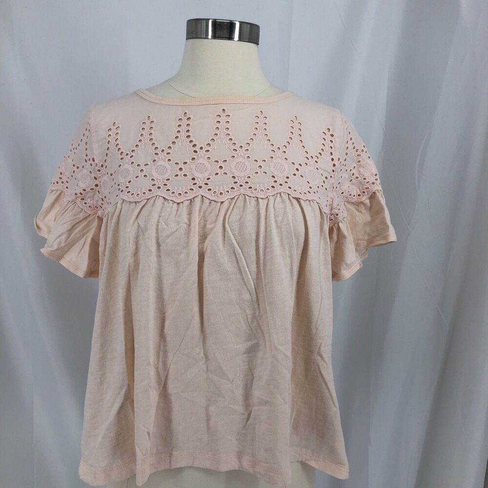 J.Crew Womens Pink Eyelet Lace Yoke Slub Cotton Cap Sleeve Tee Shirt Size Small